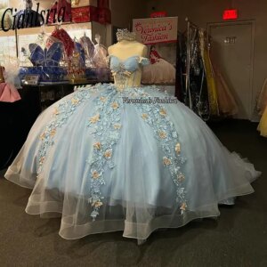 Light Blue Off The Shoulder Bow Quinceanera Dresses Ball Gown 3D Butterfly Appliques Lace Sweet 15 Años Mexican Customized
