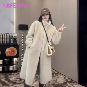 NBFENFA Winter Women High Quality Faux Rabbit Fur Coat Luxury Fur Coat Loose Lapel OverCoat Thick Warm Plus Size Plush Coats