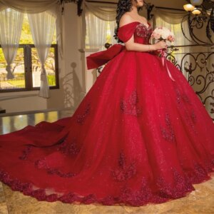 AA871 Customized Wine Red Women Party Occasion Dresses Off Shoulder Ball Gown Bow Sweep Train Vestido De xv Quinceanera Dress 15