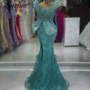 Glitter Sequins Crystal Mermaid Wedding Party Dresses Split Side Long Prom Dress Robes De Soirée Arabic Occasion Evening Gowns