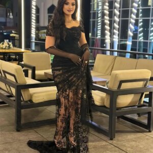 customizedVintage Mermaid Short Sleeves Prom Dresses Strapless Black Lace Floor Length Party Dresses Evening Dresses