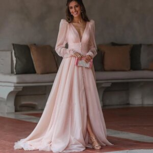 2025 Glitter Blush Pink Formal Evening Dress V-neck Long Sleeves Buttons Sequied Prom Party Gowns Vestidos De Fiesta