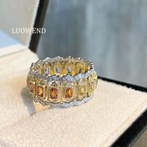 LUOWEND 100% 18K Yellow Gold Rings Luxury Diamond Jewelry Natural Color Sapphire Ring Vintage Palace Style High Party Jewelry
