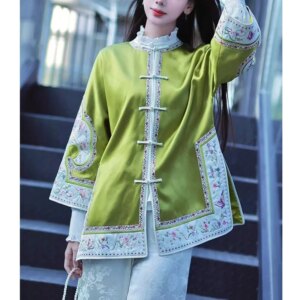 Spring Fashion New Chinese O-Neck Exquisite Acetate Fabric Butterfly Love Flower Embroidery Loose and Elegant Women’s Coat M-XL