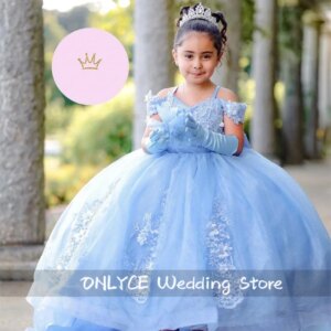 Luxury 2024 Blue Flower Girls Dress For Weddings Applique Bead Crystals Detachable Dress With Gloves Bow Birthday Gown Customize