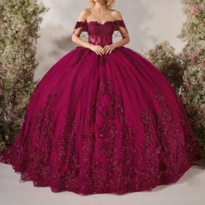 Red Quinceanera Dresses Off Shoulder Ball Gown Sweet 16 Dress Beading Crytal Applique Lace Tull Birthday Party Vestidos 15 Anos