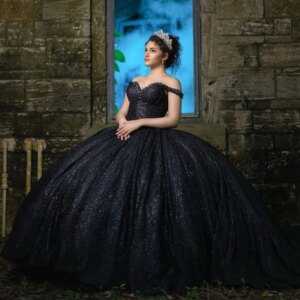 Black Shiny Ball Gown Quinceanera Dresses Vestidos De 15 Anos Gala Lace Up Off The Shoulder Sequined Party Birthday Gown Sweet
