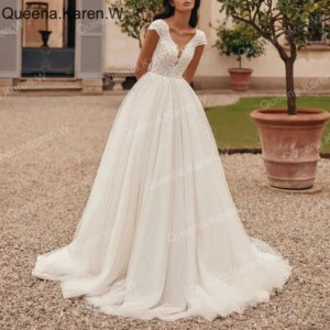 Elegant Wedding Dress V neck lace applique shinny bride dress robe de mariee A line Wedding Bridal Gown