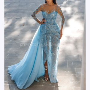 Gorgeous Blue Prom Dresses Illusion Long Sleeves Shiny Beads Sequins Pleats Dresses For special occasion Formal Party Gown