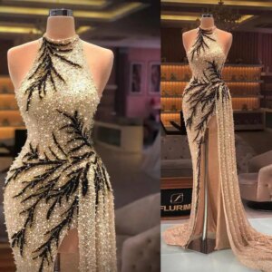 Sexy Halter Mermaid Evening Dresses Sparkly Sequins Appliques Prom Dresses Customized Side Slit Celebrity Party Gown