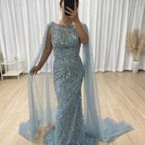 MYMB Light Blue Beaded Long Sleeve Evening Gown with Sheer Cape For Women Wedding Party Gowns Customized hot sales MB40386