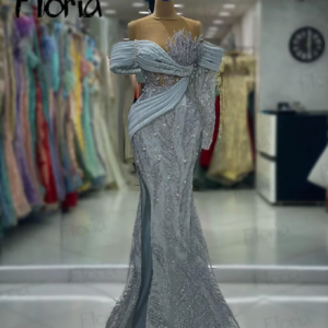 New Pearls Grey Evening Dress Off Shoulder Mermaid Maxi Prom Gowns Dubai Wedding Party Dresses Dubai Vestidos De Fiesta 2023