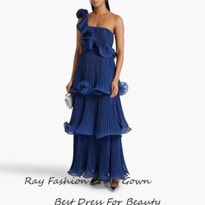 Ray Prom Dresses One-Shoulder Ruffles Ankle Length فساتين سهرة Formal Arabic فساتين سهرة Tiered Chiffon Pleated Evening Gowns