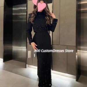 Customized فساتين للمناسبات الخاصة Scoop Neckline A-Line Floor-Length Wedding Party Dress Beadings Zipper Up Long Sleeves Prom