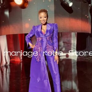 Purple Aso Ebi Jumpsuit Prom Dresses with Side Train Long Sleeve Sparkly Crystal Cusotmsized V-neck Evening Gown Pant Suit