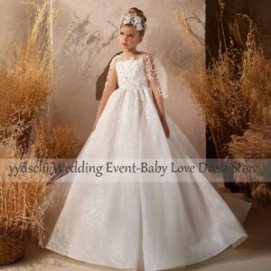 Customized Communion Fluffy Wedding Flower Girl Dresses Applique Party Dresses Girl Ball Gown Age 2-16 years Sheer Neck Lace Up