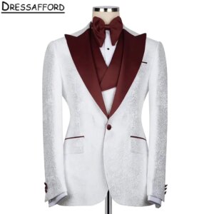 White Jacquard Formal Men Suits Three Pieces Evening Party Blazer Groom Wear ( Jacket+Vest+Pants )