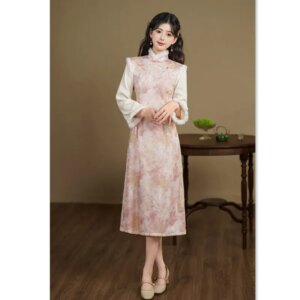 Pink Stitching Cheongsam Qi Pao Winter New Thickened Long Sleeve Chinese Temperament Young Style Girl Dress