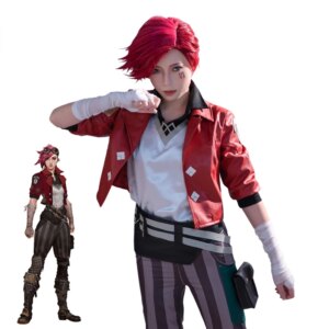 Game LOL Vi Cosplay Costume Women Combat LOL Cosplay Costume Halloween Full Set Top Pants Red Coat
