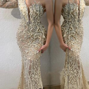 Elegant Pearls Beaded Dubai Mermaid Evening Dress Crystal Lace 3D Prom Wedding Party Gown vestidos de ocasión formales elegantes