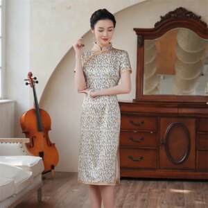 High Quality Real Silk Cheongsam Qipao Skirt Summer Women 2024 New Improved Vintage Chinese Style Dress Mid-Length Formal