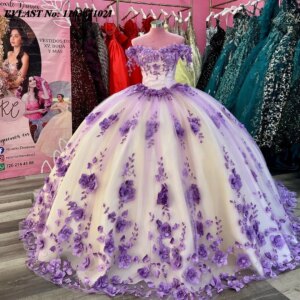 EVLAST Customized Ivory Quinceanera Dress Ball Gown Purple 3D Floral Applique Beading Corset Sweet 16 Vestidos De Anos SQ362
