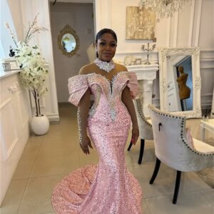 African Pink Beaded Cocktail Dresses Black Girls Off Shoulder Crystals Mermaid Prom Dress Customized Evening Dress For Party