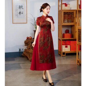 Imitation Acetate Red, Long Cheongsam Qi Pao Dress Summer New Retro National Style