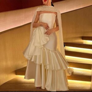 Luxurious Women’s Evening Dresses Satin Mermaid Celebrity Dress Ivory Strapless Shawl Tiered Ruffles Pearls Prom Dress Midi