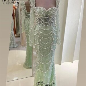 Elegant Pearls Beaded Formal Party Dress with Tassels Mint Green Long Sleeve Dubai Evening Dresses Robe de soireee Celebrity