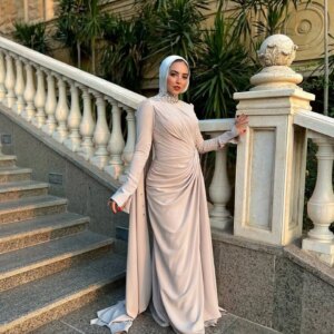 Customized Formal Jersey Crystal Evening Dresses Temperament Long Sleeves High Collar Homecoming Dress Custom Made Pro