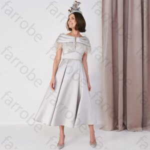 Customized Luxury Silver Beaded Mother of The Bride Dresses Feather Cape 2 Pieces Wedding Ceremony Evening Prom Mom Gown Formal
