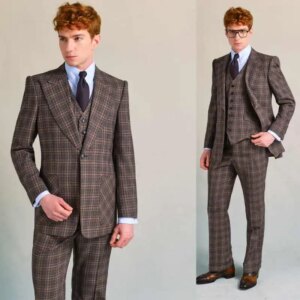 Plaid British Men Wedding Suits Peaked Lapel Tuxedos Groom Wear 3 Pcs Jacket Pants Vest Prom Evening Party Customized