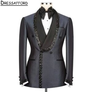 Black Checked Jacquard Men Suits Two Pieces Beading Crystal Evening Party Blazer Groom Wear ( Jacket + Pants )