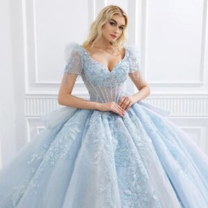Customized Shiny Water blue Quinceanera Dress Lace sequin applique Tull beads crystal Long tail vestidos de 15 Quinceanera