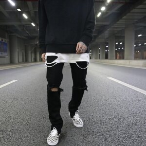 High Street Black All-Match Ripped Jeans Men’s Fit Stretch Feet Pants