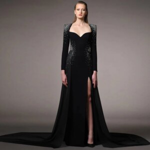 Black Evening Dress Exquisite Spandex Rhinestone Front Fork Bespoke Occasion Gown A-line Square Neck Women’s Evening Gowns 2024