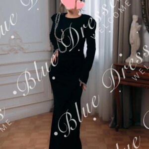 Customized Elegant Vintage Sexy Black Crystal Fashion Long Sleeves Customize Formal Occasion Prom Dress Evening Party Gowns