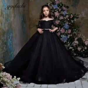 Customized Black Off The Shoulder Flower Girl Dresses 2025 Wedding Kids Pageant Prom Dress Elegant Ball Gown Vestidos De Novia