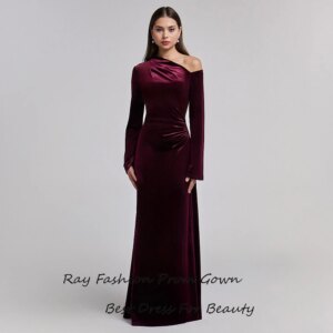 Elegant Long Evening Dresses Cocktail Party Prom Gowns فساتين سهرة Vestidos De Fiesta Burgundy Velvet Bare Shoulder Maxi Dress