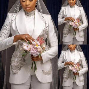 White Women Wedding Suits 2 Pieces Silver Sequined Appliques Blazer And Pants Customized Luxury Formal Tuxedos Party Prom Outfit