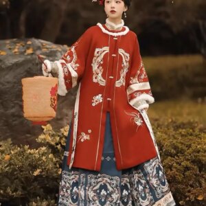 Women’s Han Chinese Clothing Style Ancient round Neck Jacket Winter Warm Cardigan Horse-Face Skirt
