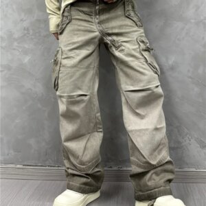 Heavy Retro Waste Soil Washed Distressed Overalls Personality Oblique Zipper Multi-Pocket Loose Casual Pants Wide Leg Trousers