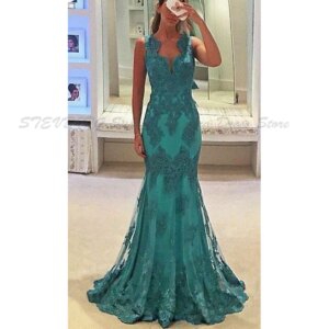 Prom Dresses V Neck Lace Green Sleeveless Mermaid High Quality Customized Formal Occasion Banquet Celebrity Female Gown Stylish