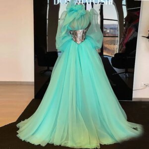 Vintage Prom Dresses Chic High Neck A-Line Bubble Sleeves Party Gowns Fashion Appliques Sweep Train Long Evening Dresses