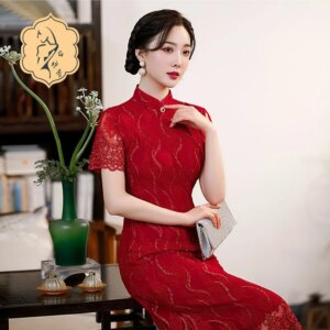 Red short-sleeved lace cheongsam modified slim-fit word dress casual bridal