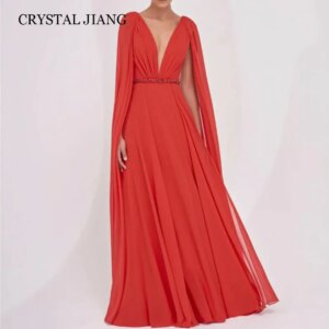 Classic Long Red V Neck Chiffon Evening Dresses Full Sleeves Backless A Line Sweep Trainفساتين سهره نسائيه فخمة براندات