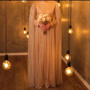 Arabic Pink Beaded Wedding Party Dress Muslim Long Sleeve Elegant Engagement Evening Gowns Custom Made A Line Cape Prom Dresses