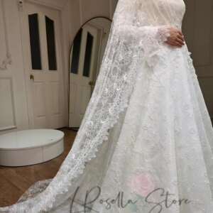 LRosella Elegant 2025 High Neckline Court Train Customized Full Lace Lawn Wedding Dresses Long Sleeves with Flowers Waist