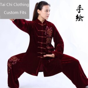 Hand Painted Peony Flower Winter Tai Ji Suit Women’s New Purplish Red Velvet Mid-Length Exercise Clothing